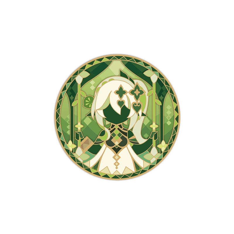 Genshin Impact Rainbow Invitation Series Nahida metal badge with green stained glass themed design