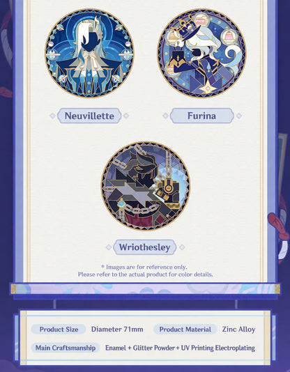 Close-up of Neuvillette Rainbow Invitation Series metal badge with blue stained glass themed artwork