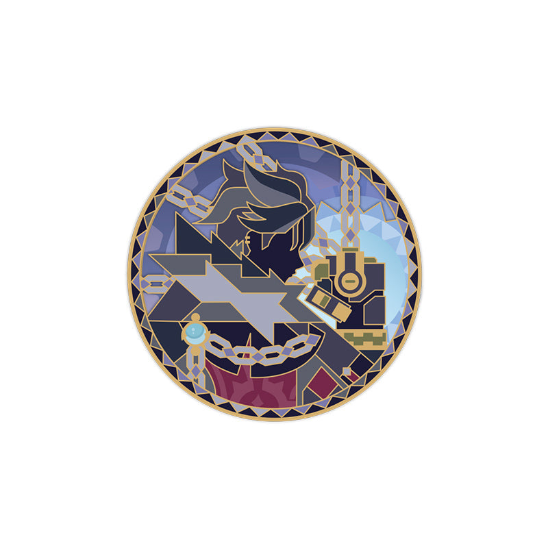 Genshin Rainbow Invitation Series Wriothesley metal badge with metallic industrial themed artwork