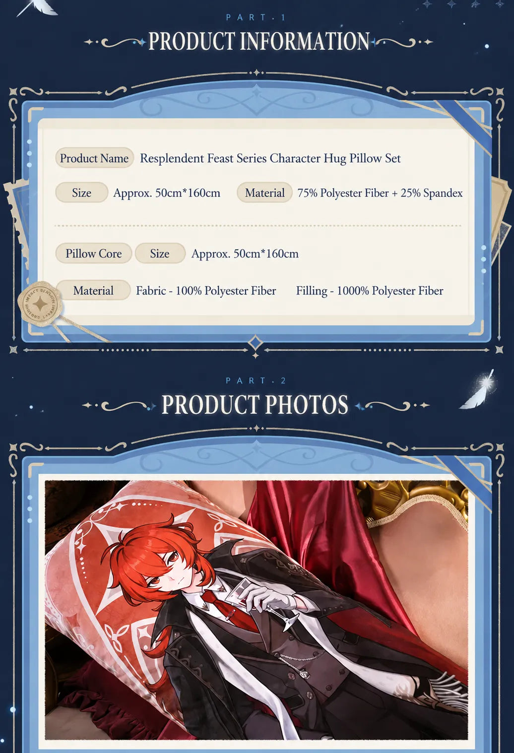 Genshin Impact Resplendent Feast body pillow product information including size fabric and filling material details