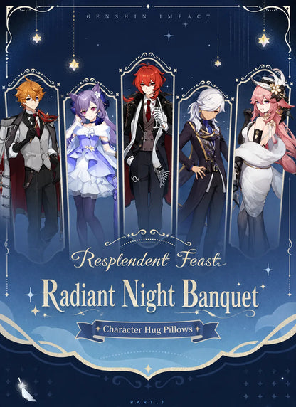 Overview of the Genshin Impact Resplendent Feast character body pillow collection featuring multiple character designs