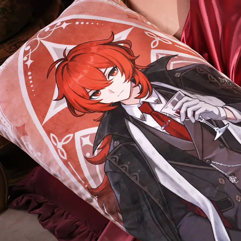 Genshin Diluc Resplendent Feast body pillow display featuring elegant formal banquet themed character artwork