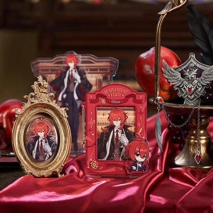 Genshin Diluc Resplendent Feast collectibles display featuring elegant crimson themed merchandise and luxury character artwork