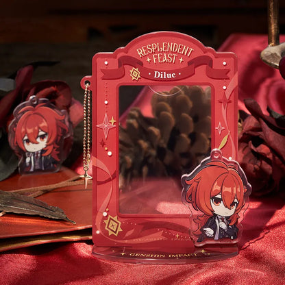 Genshin Diluc themed collectible merchandise from the Resplendent Feast series featuring acrylic stands badges and display accessories
