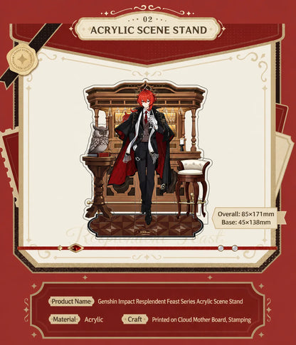 Genshin Impact Diluc Resplendent Feast merchandise displayed in an elegant themed collectible scene