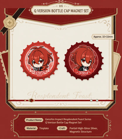 Genshin Impact Diluc chibi magnetic bottle cap badge set detail from the Resplendent Feast series