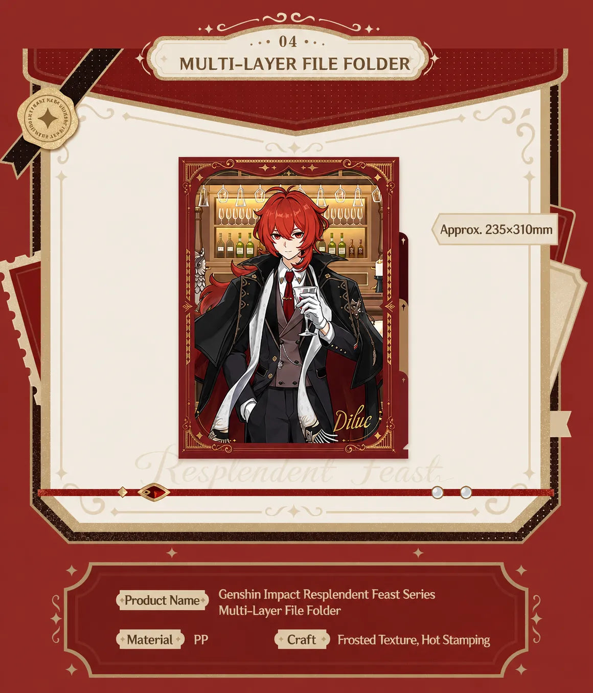 Genshin Impact Diluc collectible merch closeup from the Resplendent Feast series with premium decorative craftsmanship