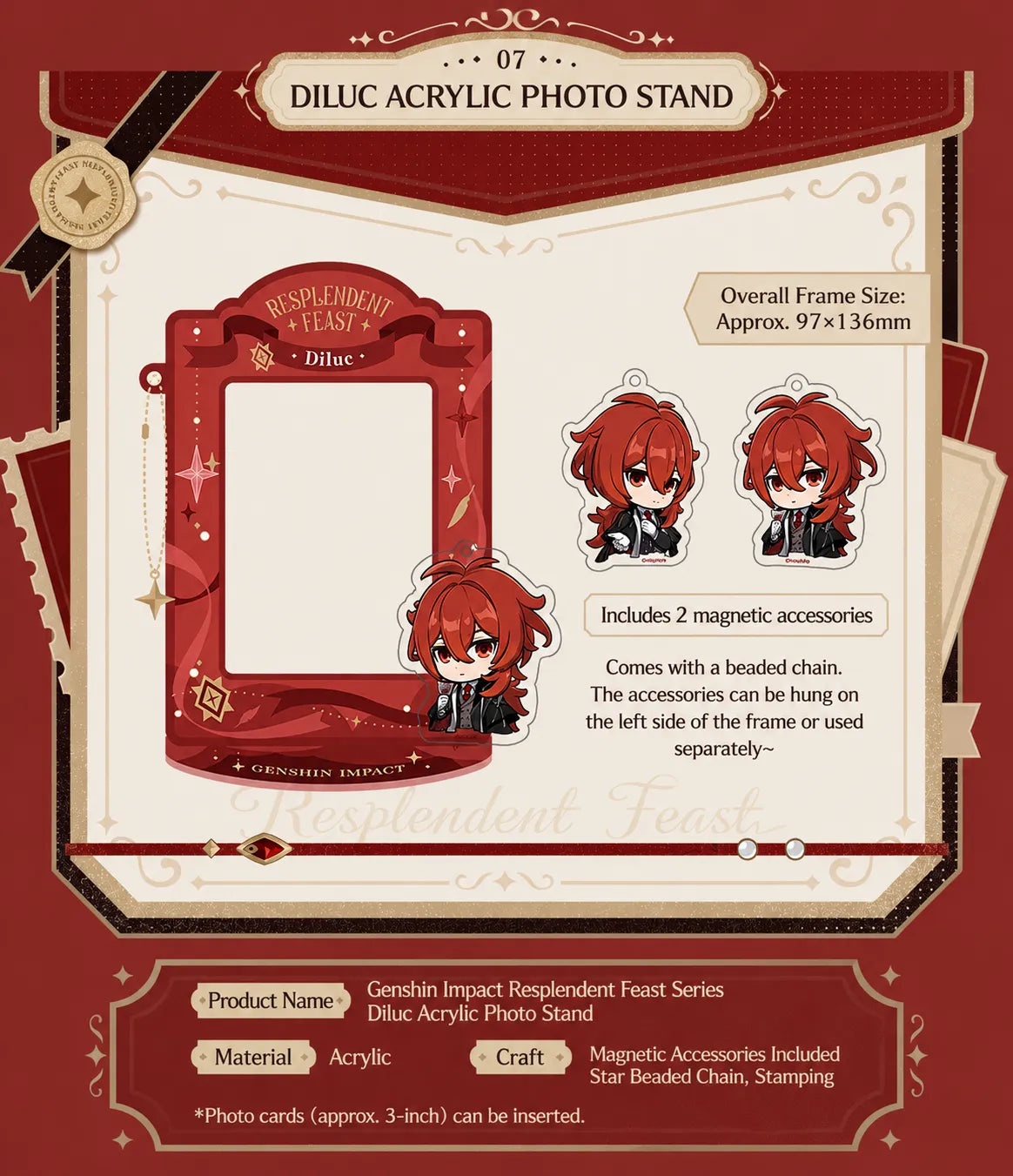 Genshin Diluc self standing stamp acrylic block detail from the Resplendent Feast series featuring chibi artwork