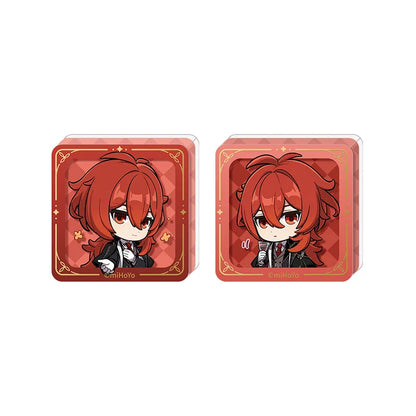Genshin Impact Diluc self standing stamp acrylic block from the Resplendent Feast series featuring chibi character illustrations