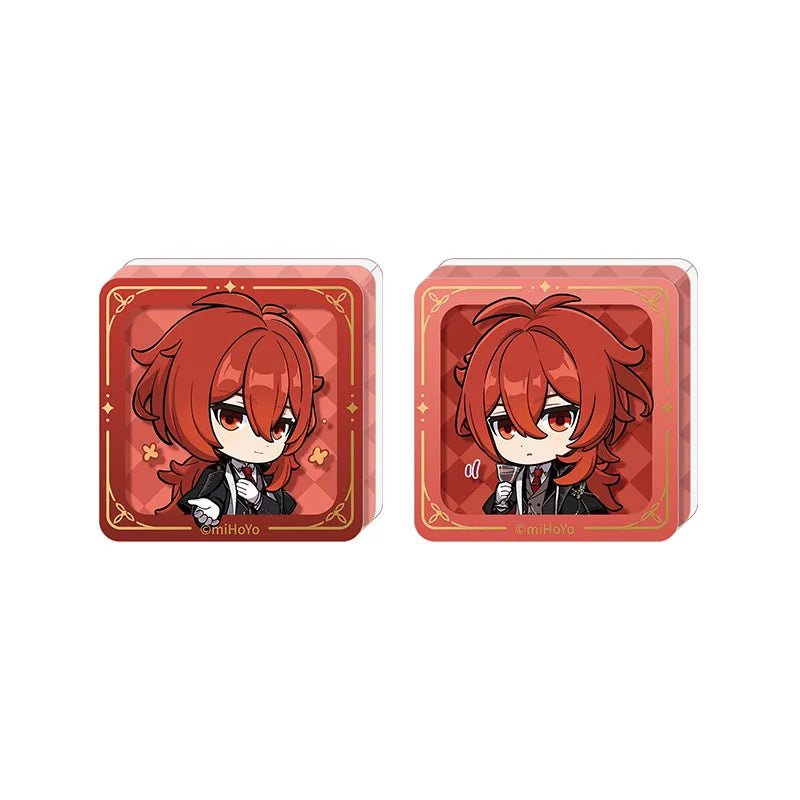 Genshin Impact Diluc self standing stamp acrylic block from the Resplendent Feast series featuring chibi character illustrations