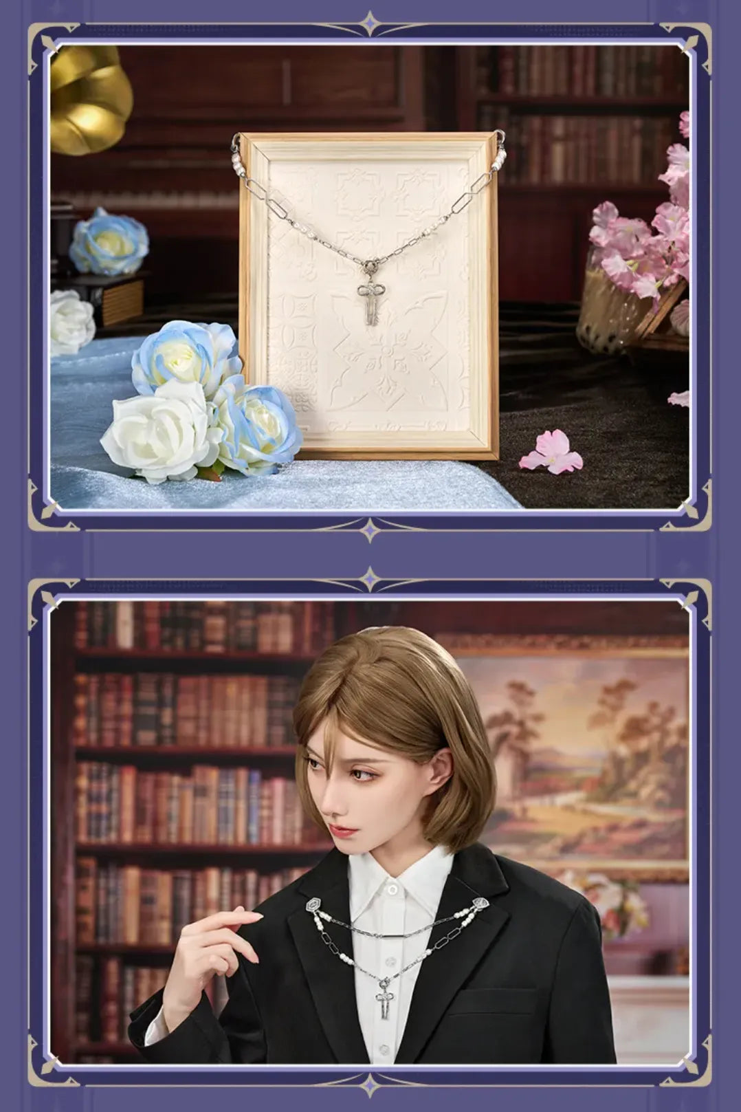 Close-up necklace craftsmanship featuring pearls silver chain and engraved decorative details
