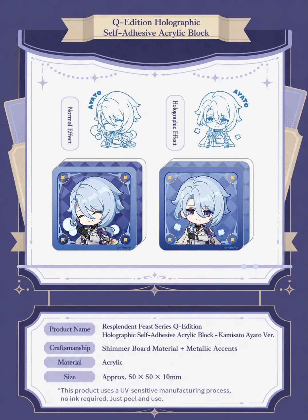 Magnetic acrylic photo frame stand featuring removable chibi Kamisato Ayato accessories