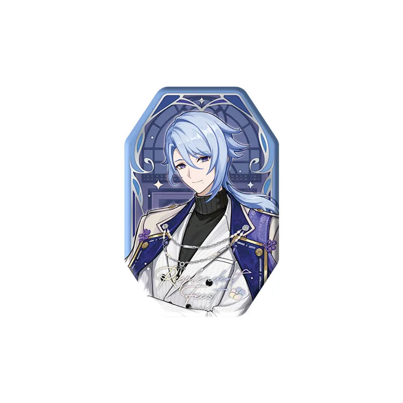 Kamisato Ayato floating holographic pin badge from the Resplendent Feast series with reflective silver finish and elegant blue artwork