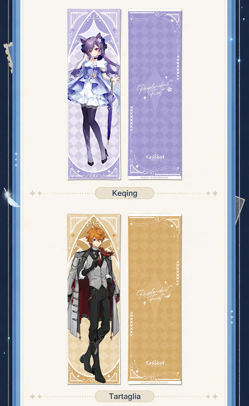 Detailed display of the Tartaglia Resplendent Feast character body pillow featuring refined banquet themed outfit artwork