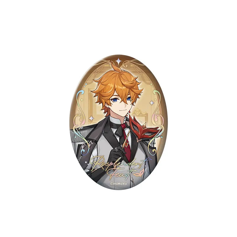 Genshin Impact Tartaglia Resplendent Feast floating holographic badge with elegant vintage artwork