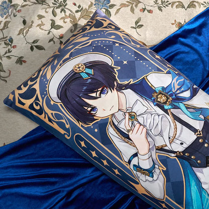 Genshin Resplendent Feast Wanderer body pillow display with detailed full-body illustration and blue-themed decorative frame