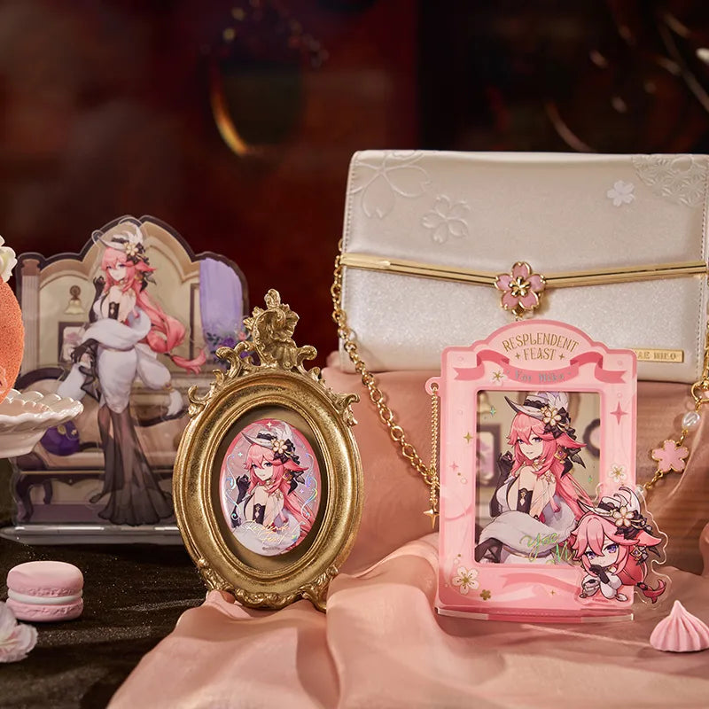 Genshin Impact Resplendent Feast Yae Miko collectibles series display featuring acrylic stands badges and accessories