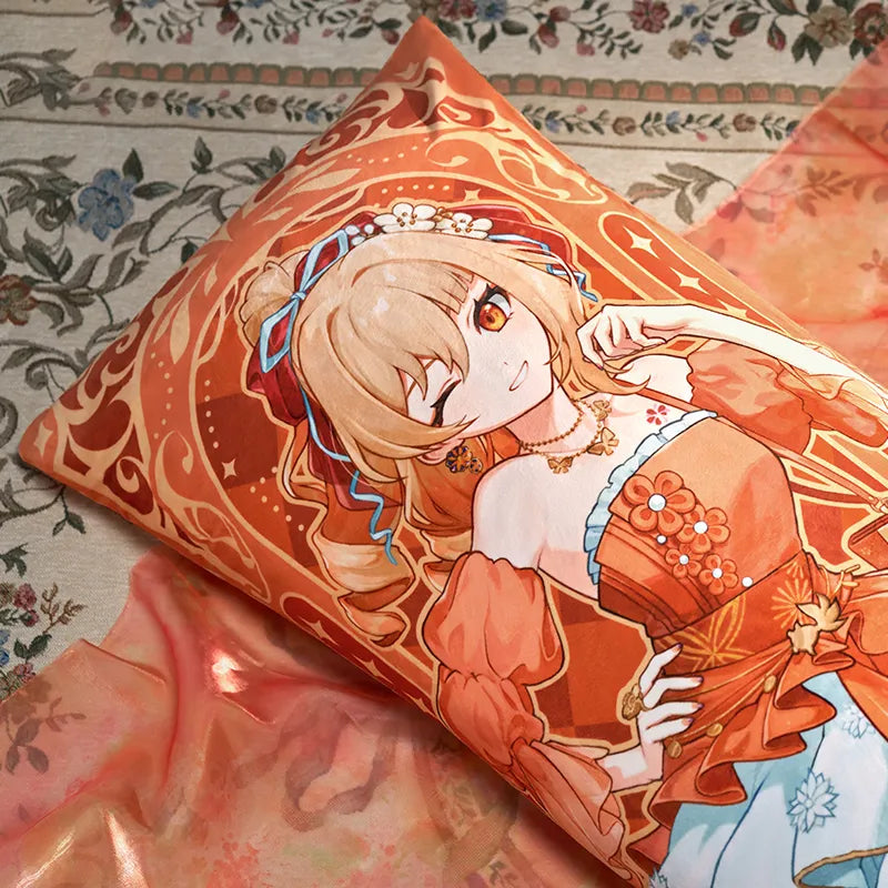 Genshin Impact Resplendent Feast Yoimiya body pillow display with vibrant character illustration and ornate decorative styling