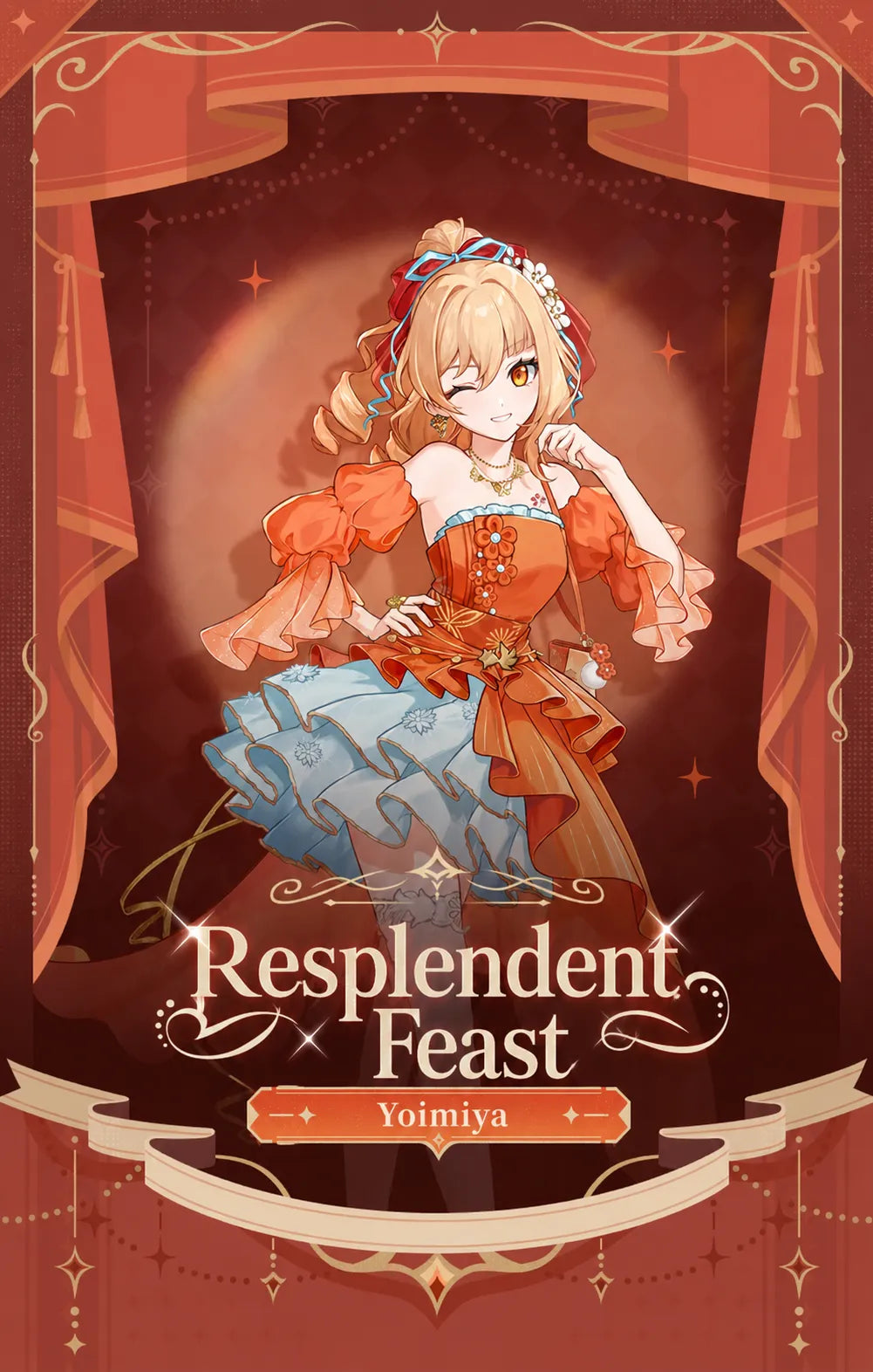 Genshin Impact Yoimiya Resplendent Feast merchandise collection featuring acrylic stands badges and accessories