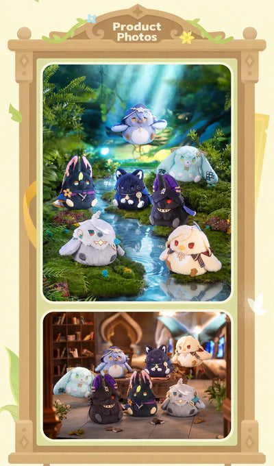 Rice Ball Series plush charms displayed in forest and indoor settings