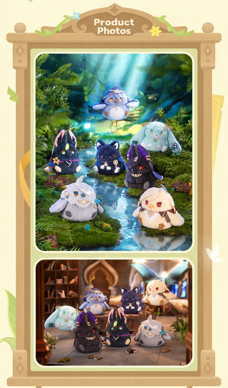 Rice Ball Series plush charms displayed in forest and indoor settings