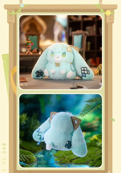 Tighnari, Cyno, and Layla plush charms shown from front and back