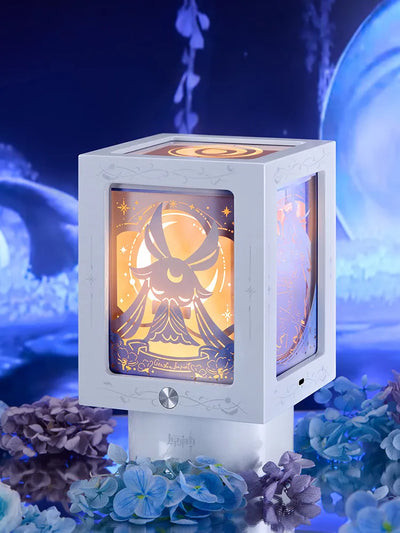Selenic Chronicles night lamp music box with celestial paper-carved design