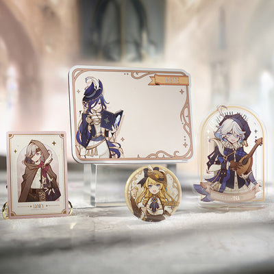 Genshin Shadows Amidst Snow Series character merchandise showcase featuring badges acrylic stands fridge magnets and collection card sets