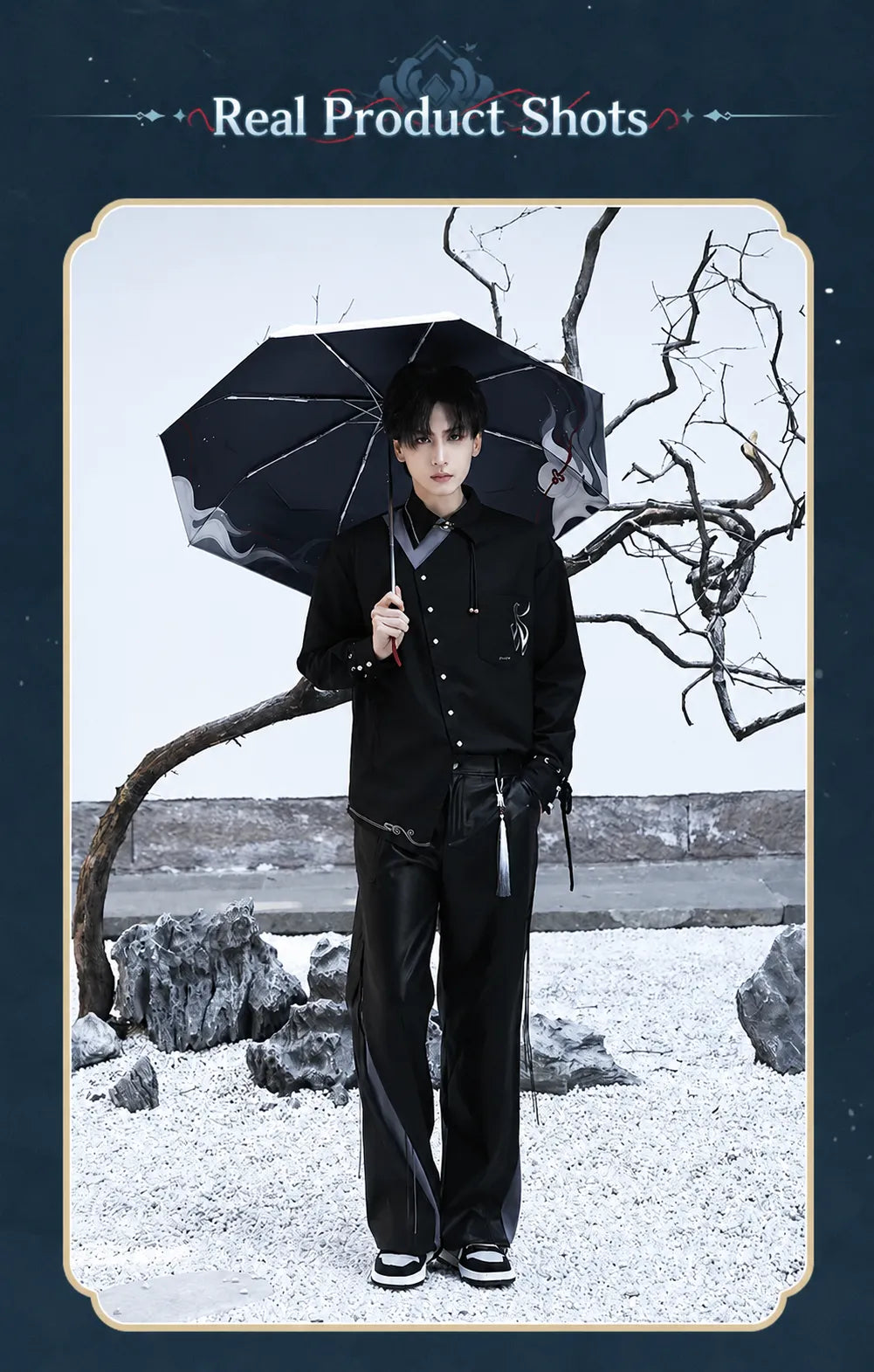 Genshin Impact Shenhe leisure long pants with asymmetrical panel construction and layered accents