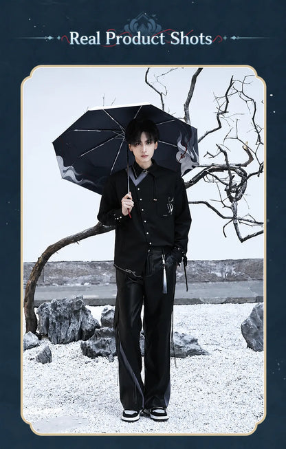Genshin Impact Shenhe leisure long pants with asymmetrical panel construction and layered accents
