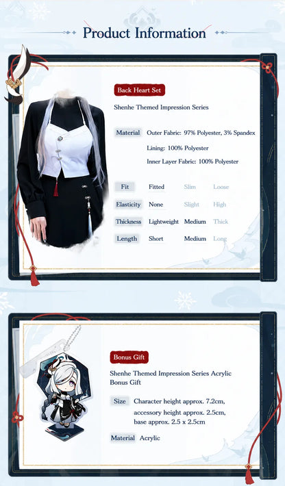 Elegant layered styling details on Genshin Impact Shenhe themed outfit set
