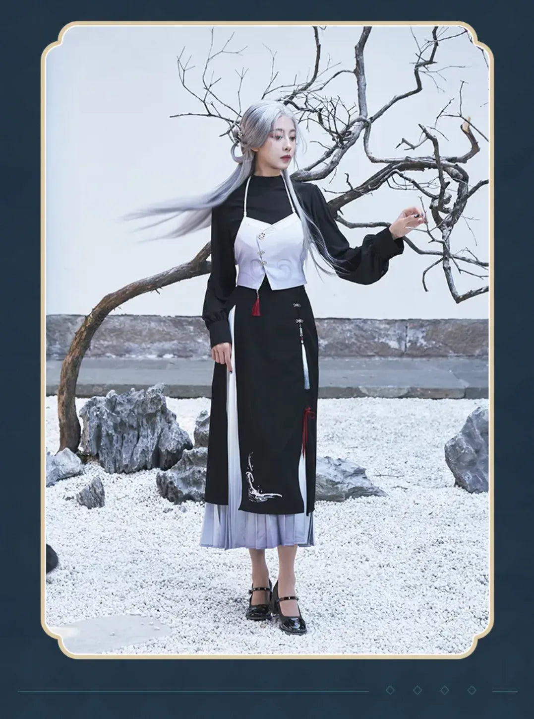 Female model wearing Genshin Impact Shenhe themed fashion outfit set outdoors