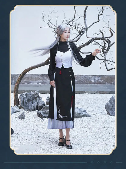 Female model wearing Genshin Impact Shenhe themed fashion outfit set outdoors