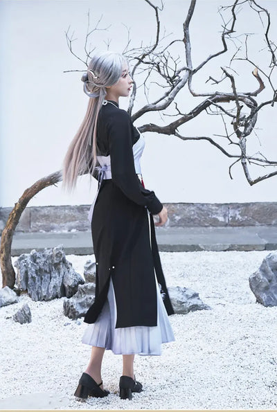 Elegant cosplay fashion styling inspired by Genshin Impact Shenhe themed aesthetics