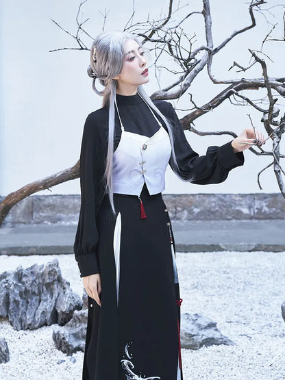 Full body display of Genshin Impact Shenhe themed fashion outfit set with elegant layered styling