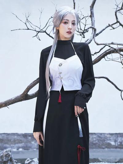 Genshin Impact Shenhe themed backless outfit set with layered black inner top and gradient halter chest piece