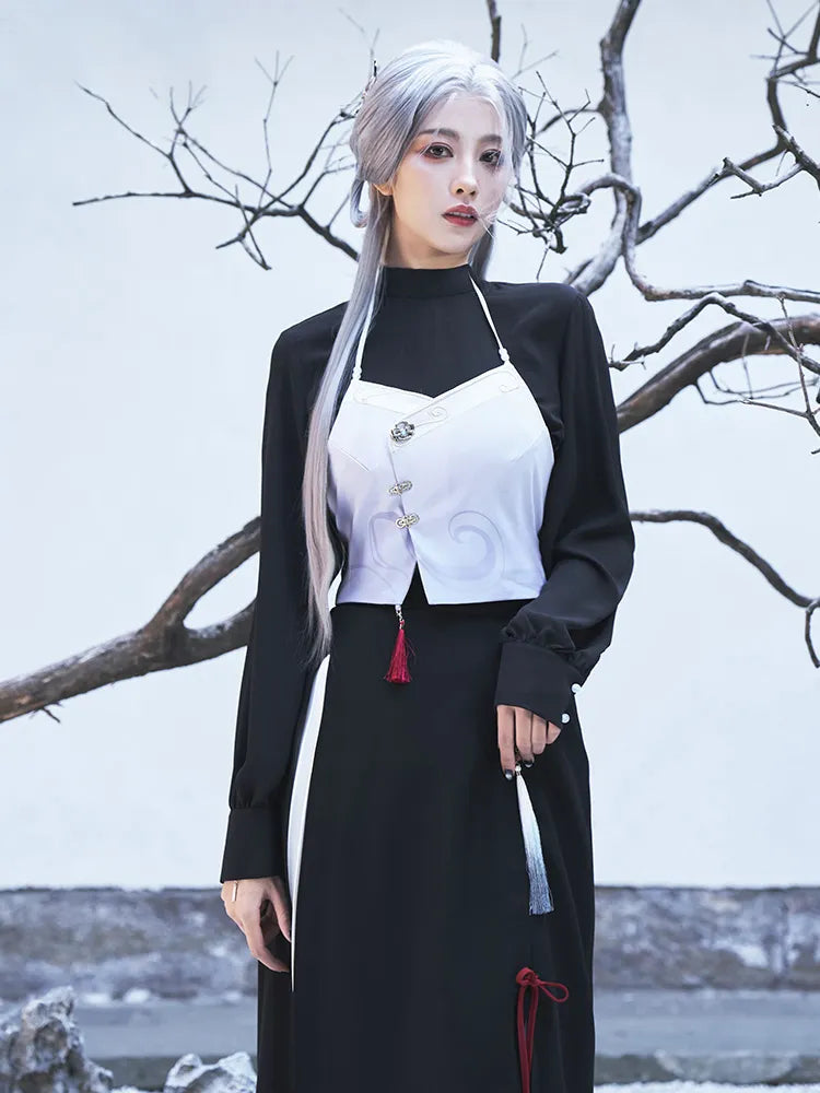 Genshin Impact Shenhe themed backless outfit set with layered black inner top and gradient halter chest piece