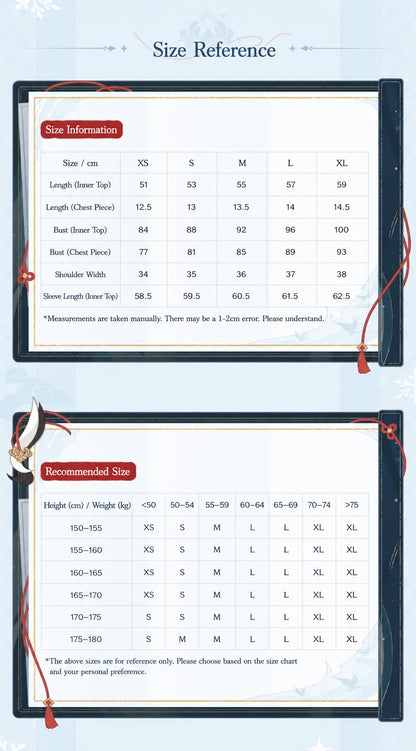 Size chart for Genshin Impact Shenhe themed backless outfit set