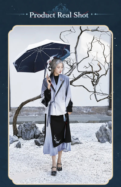 Genshin Impact Shenhe themed outerwear with embroidered character motif craftsmanship