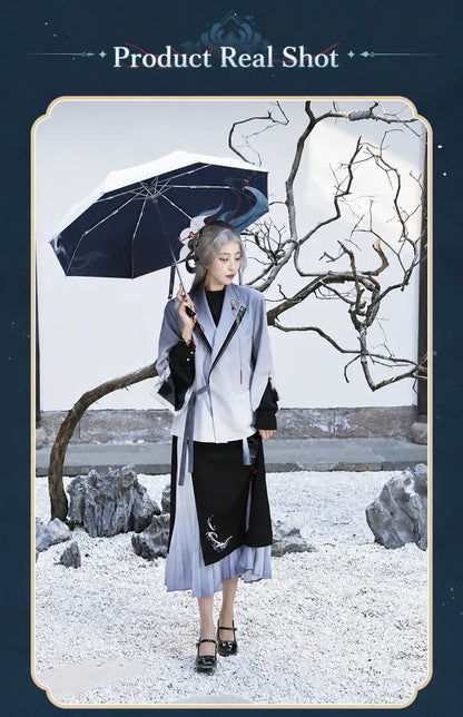 Genshin Impact Shenhe themed outerwear with embroidered character motif craftsmanship