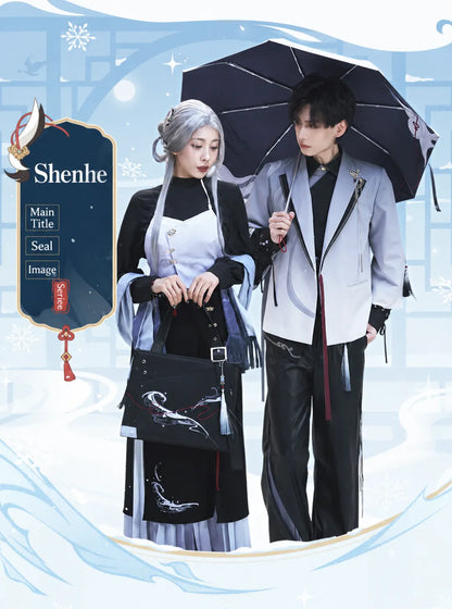 Genshin Impact Shenhe themed leisure long pants material and product information display