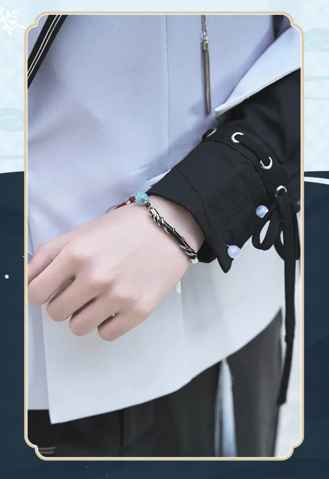 Genshin Impact Shenhe tassel bracelet detail featuring braided cord and crystal style beads