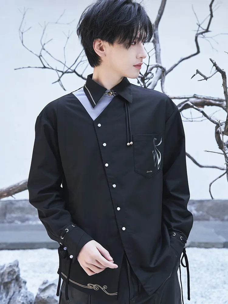 Genshin Impact Shenhe themed impression series casual shirt with asymmetrical collar and layered black design