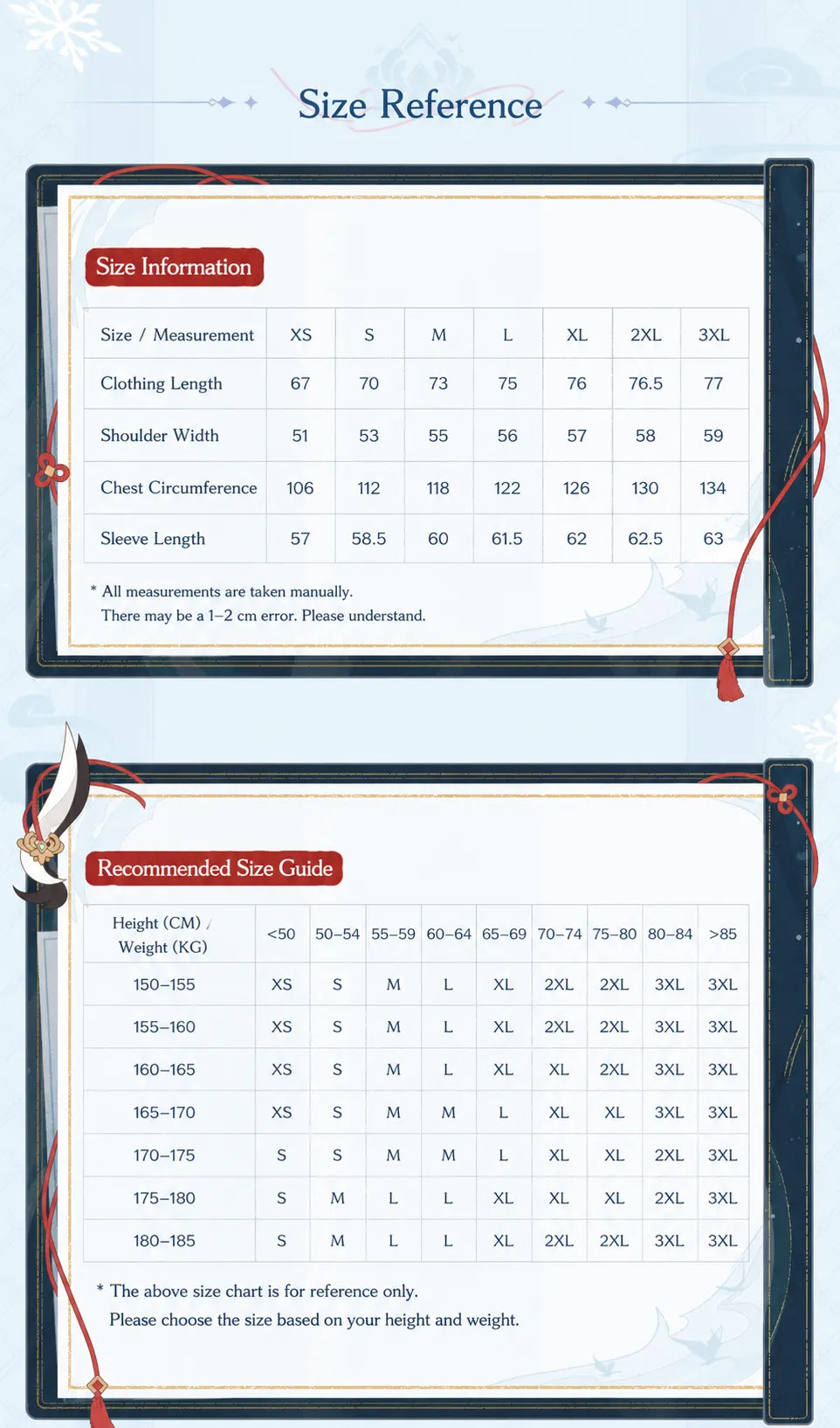 Genshin Impact Shenhe themed impression series casual shirt size chart and recommended fitting guide