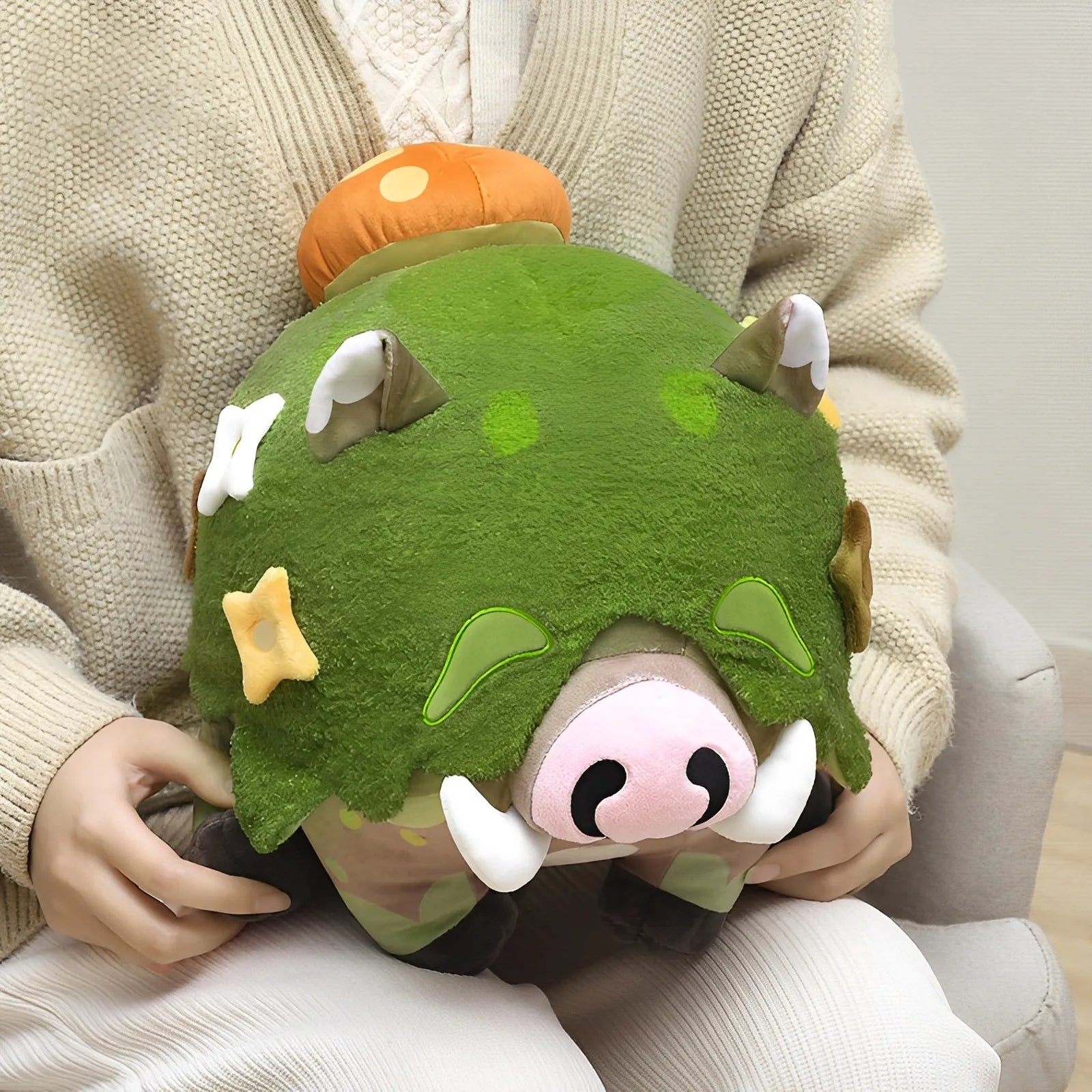 Genshin Impact Shroomboar plush top view with mushroom and floral details