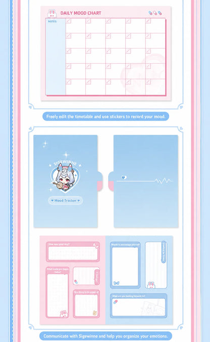 Genshin Impact Sigewinne mood tracker journal pages with customizable layouts and pastel theme