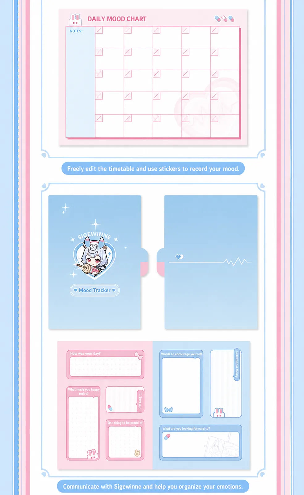 Genshin Impact Sigewinne mood tracker journal pages with customizable layouts and pastel theme