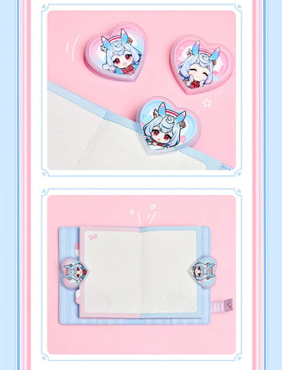 Genshin Impact Sigewinne stationery display featuring notebook acrylic clips and decorative sticker sheets
