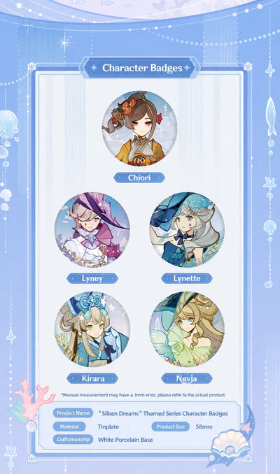 Genshin Silken Dreams Series character badges featuring Chiori Lyney Lynette Kirara and Navia