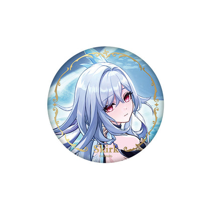 Genshin Impact Skirk character badge with holographic finish and themed artwork